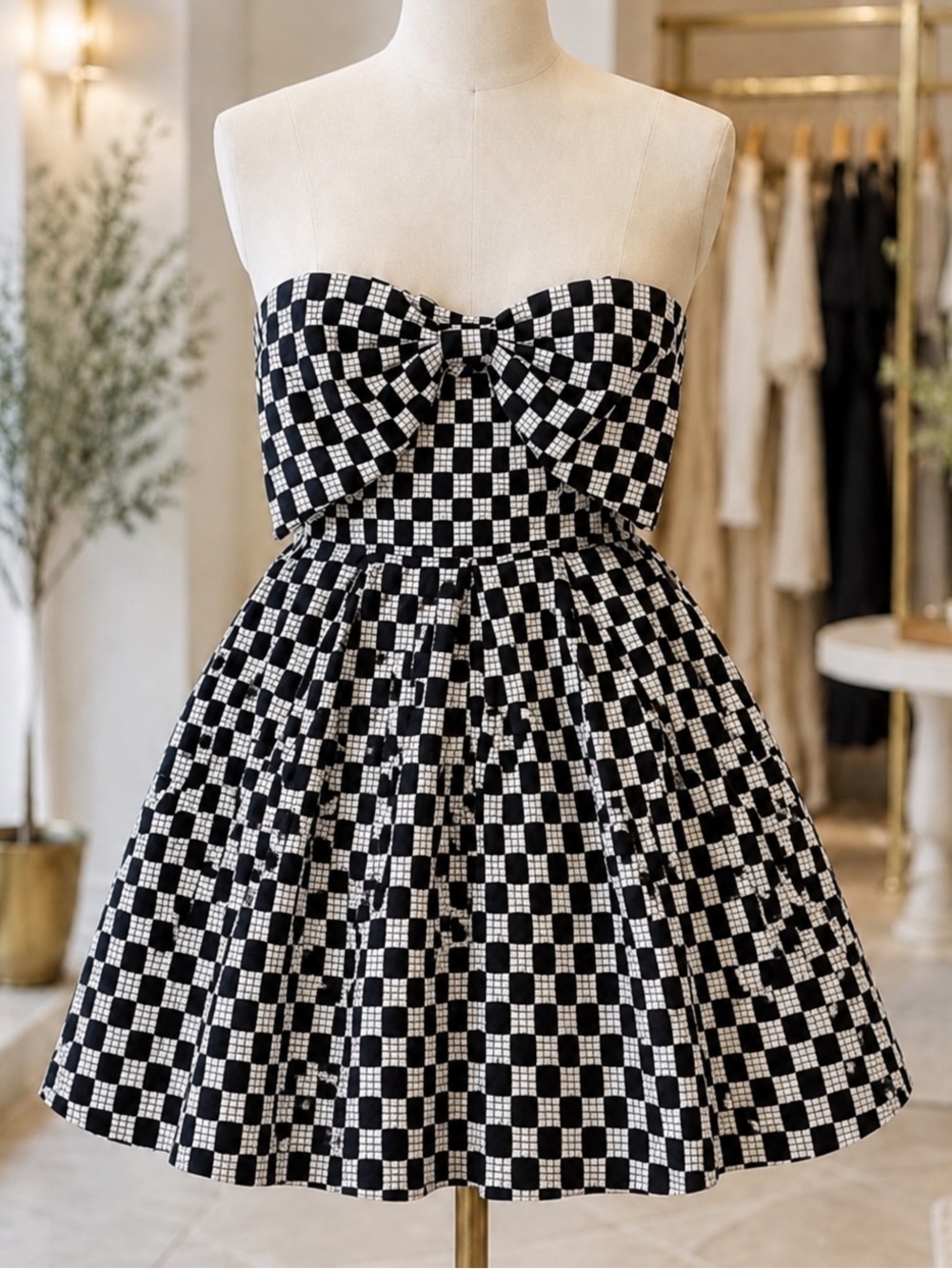 Meet me in Santorini Strapless Black & White Checkered Mini Dress NWT